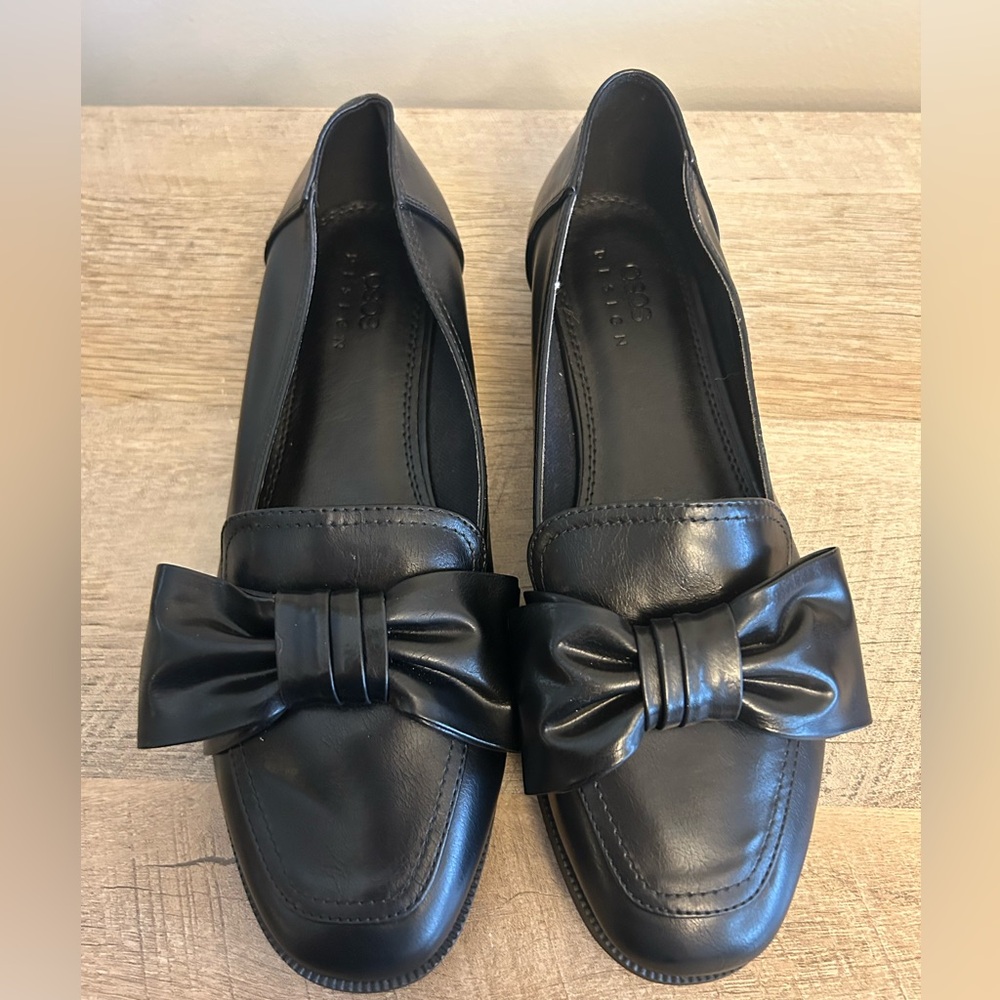 ASOS Black‎ Genuine Leather Bow Top Square Toe Slip On Loafers NEW Tried On SZ 9